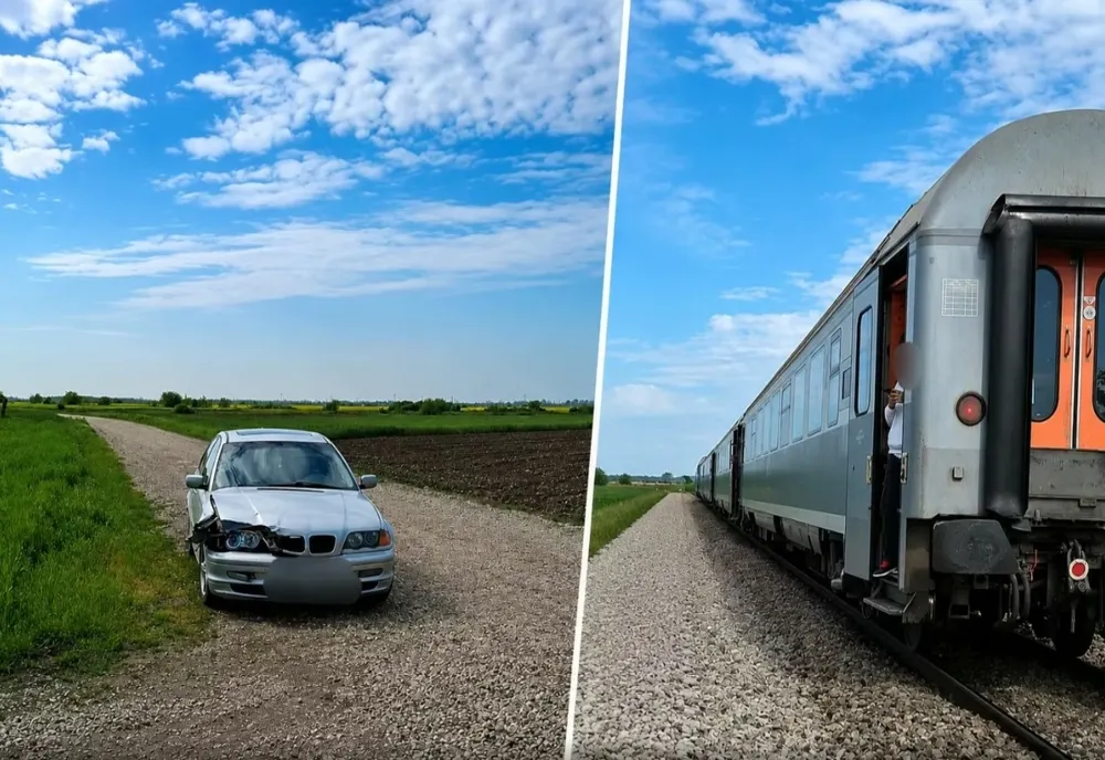 Mașină acroșată de un tren cu călători, în județul Argeș VIDEO