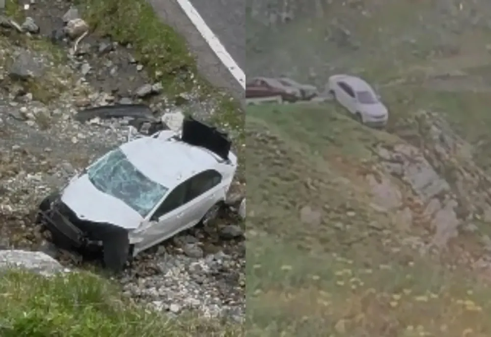 Incident grav pe Transfăgărăşan. O mașină parcată a căzut într-o râpă. Întregul moment, surpins VIDEO
