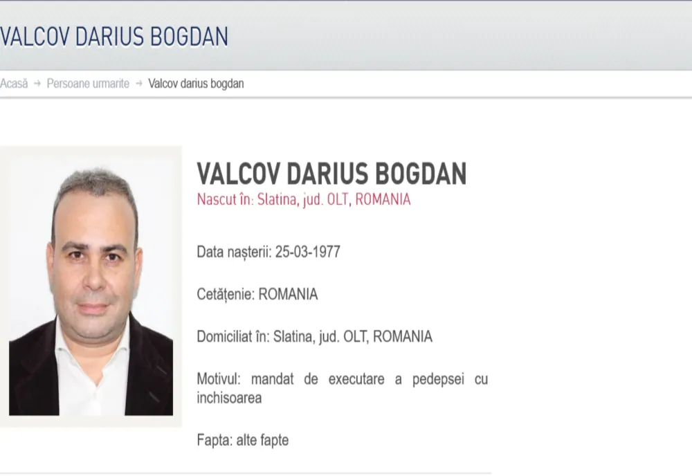 Darius Vâlcov, dat în urmărire de Poliţie, în urma condamnării la şase ani de închisoare