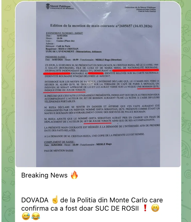 Cristian Rizea prezintă la Rizea TV dovada de la Poliția din Monte Carlo că lichidul aruncat asupra sa a fost doar suc de roșii – poza 1